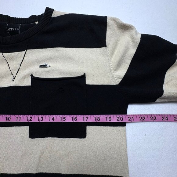 ATTICUS Women Pullover Sweater Crew Neck Striped Pocket Sz L Black Tan 94-8 - Picture 9 of 12